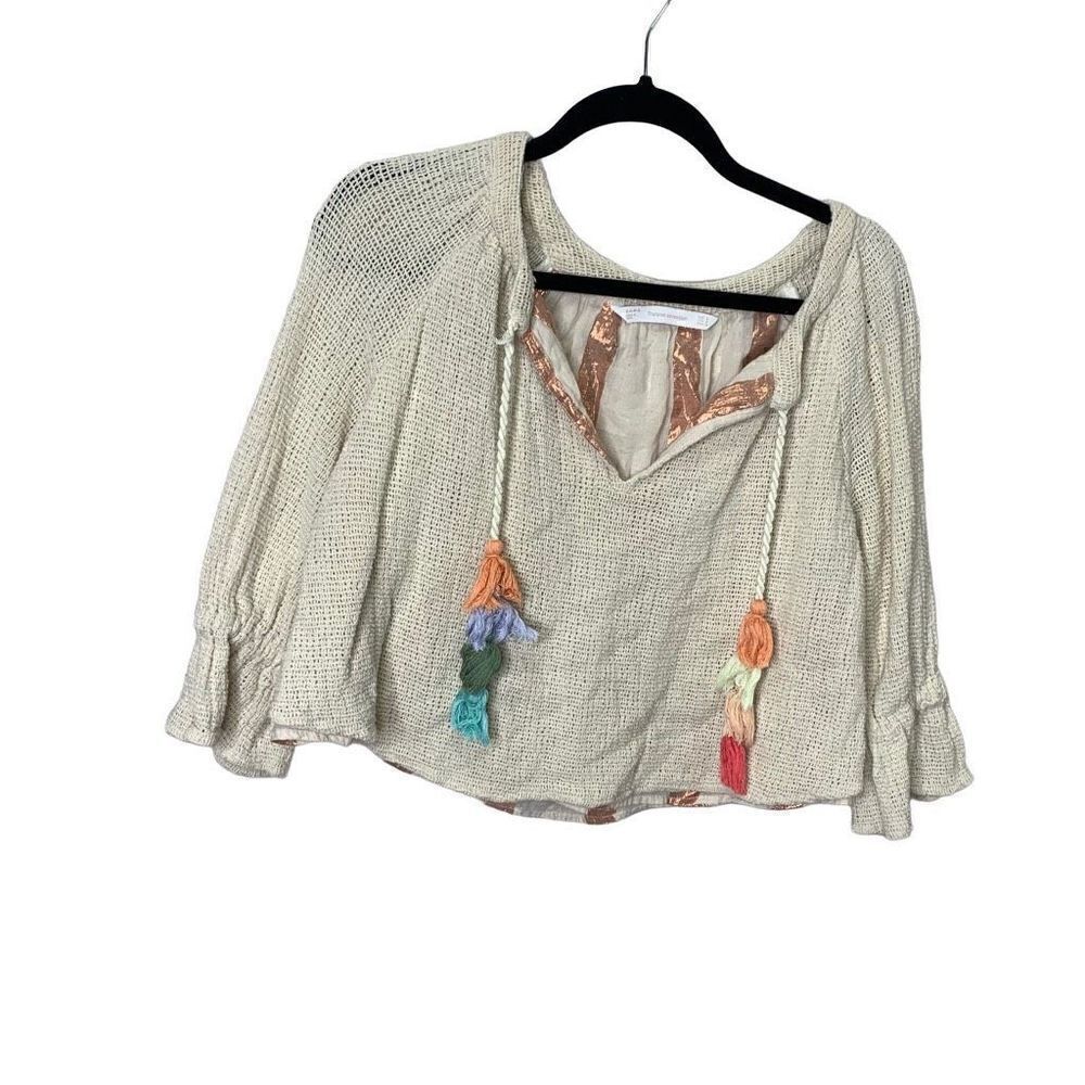 ZARA TRAFALUC COLLECTION BOHO COTTON MESH TASSEL CROCHET BLOUSE TOP SIZE SMALL (